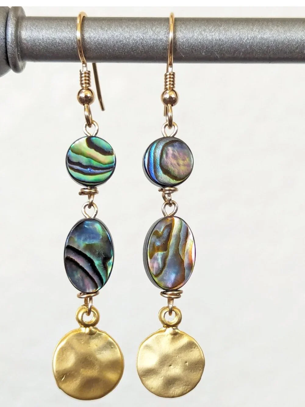 14K Gold Filled Teal Rainbow Abalone Shell Long Dangle Earrings